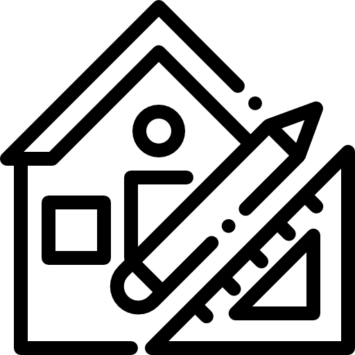 Icon of a house with a pencil and ruler, representing home design and planning.