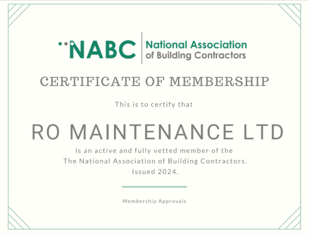 Certificate of Membership awarded to Ro Maintenance Ltd by the National Association of Building Contractors, confirming active and fully vetted membership in 2024.