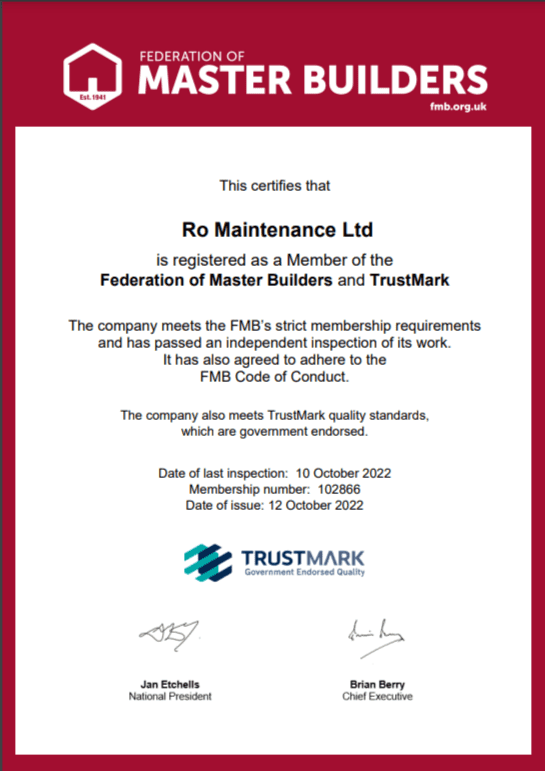 Certificate of Membership for Ro Maintenance Ltd from the Federation of Master Builders and Trust Mark.