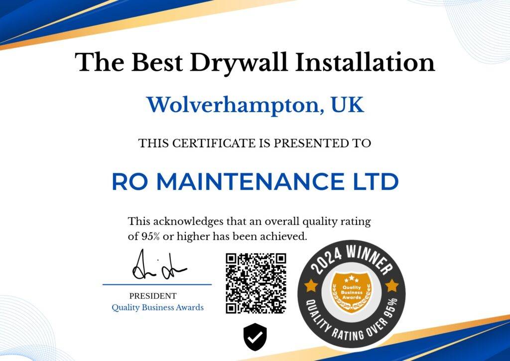 Certificate awarded to Ro Maintenance Ltd for Best Drywall Installation in Wolverhampton, UK, with a quality rating over 95%