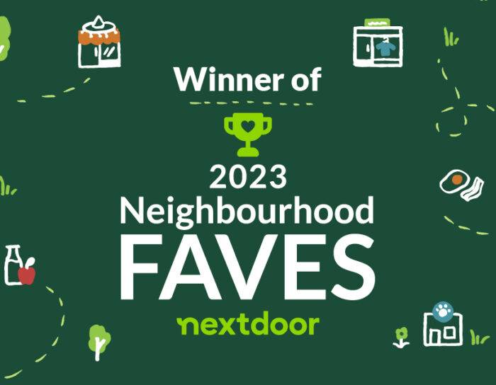 Winner of 2023 Neighborhood Favas by Next-door, with illustrations of local businesses and community icons.