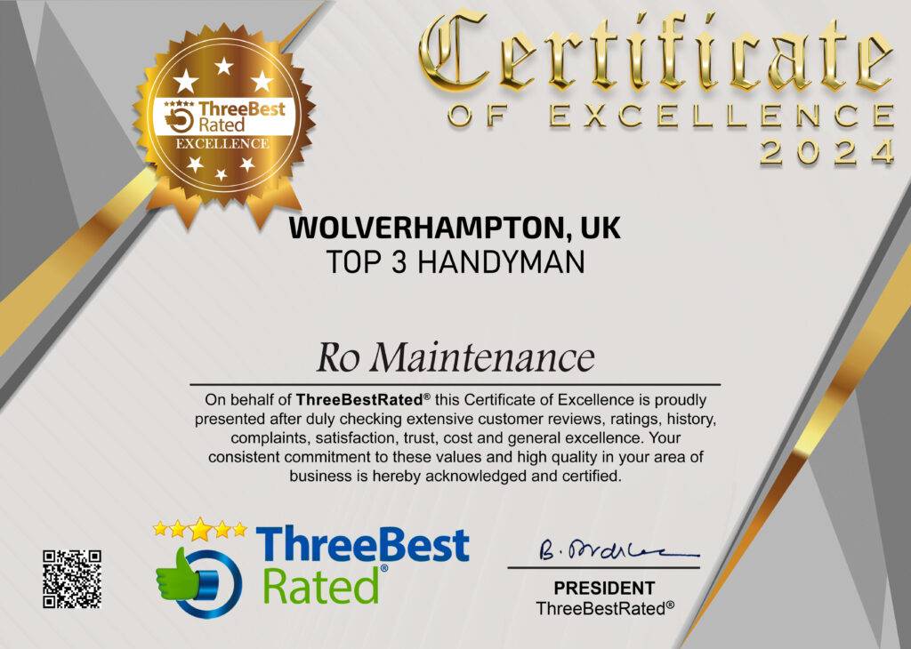 Certificate of Excellence 2024 awarded to Ro Maintenance as a Top 3 Handyman in Wolverhampton, UK by ThreeBestRated, highlighting commitment to quality, customer satisfaction, and trust.